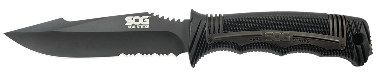 S.O.G Seal Strike 4.90" Fixed Clip Point Part Serrated AUS-8A Black TiNi GRN Handle