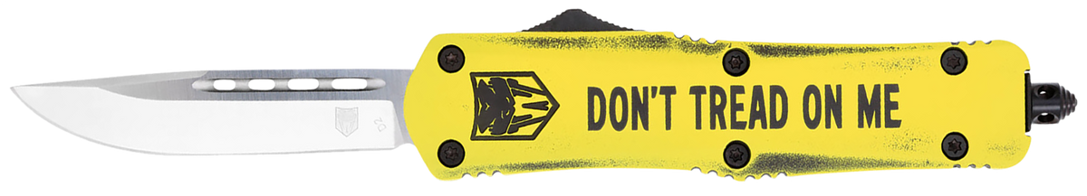 CobraTec Knives FS-3 Don't Tread On Me Medium 3" OTF Drop Point Plain D2 Steel Yellow Cerakoted Aluminum Handle