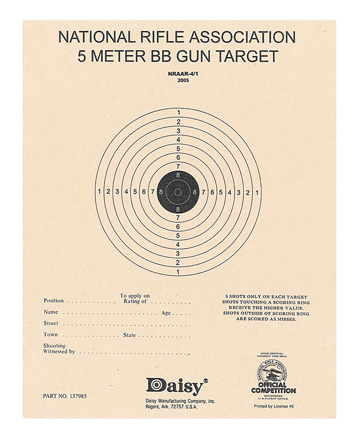 Daisy 408 NRA 5-Meter Air Rifle Bullseye Paper Target 50 Pkg - Black/White