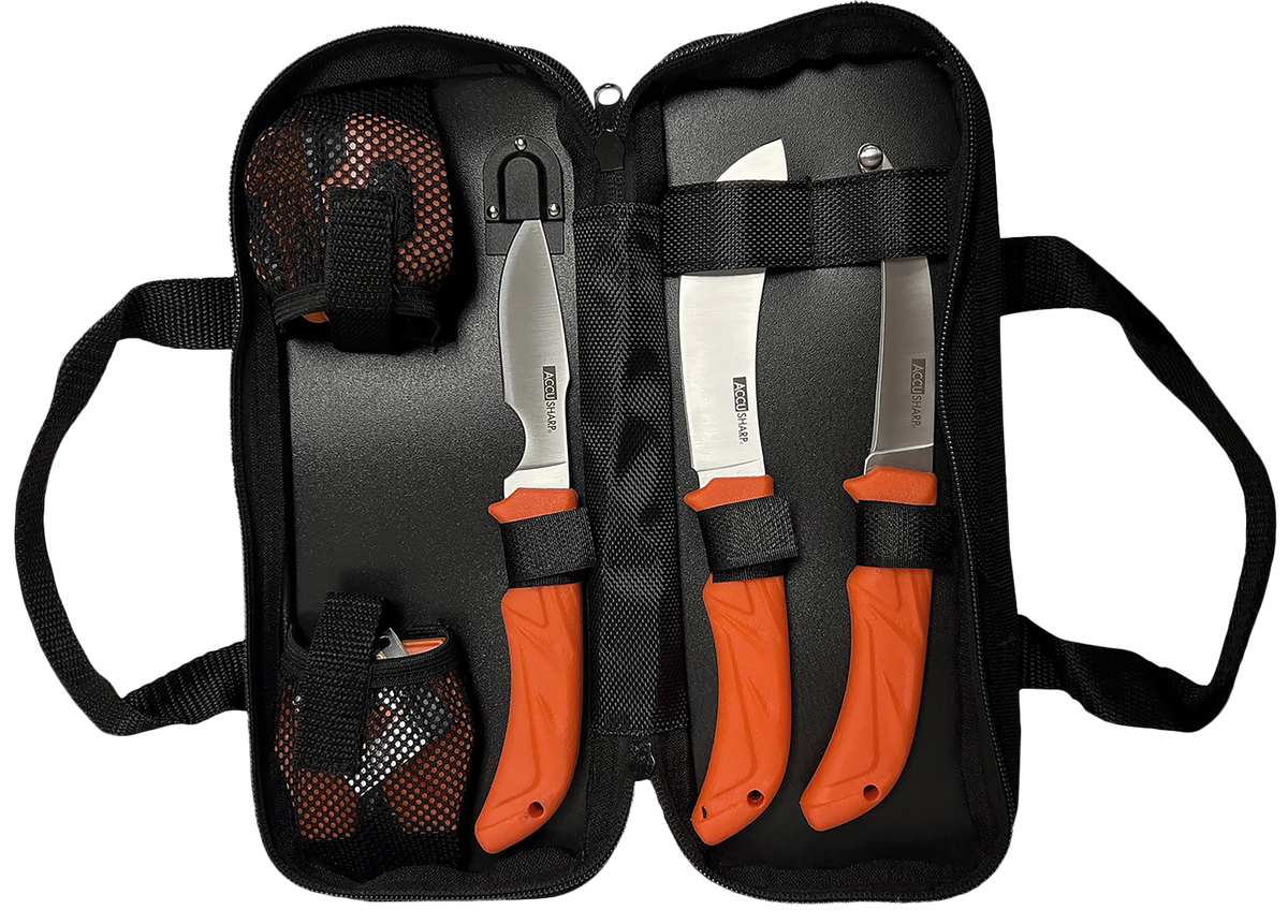 AccuSharp 738C 6-Piece Processing Kit - Fixed Blade Butcher/Caping/Gutting Stainless Steel, Blaze Orange Non-Slip Grip, Nylon Case