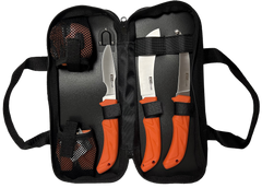 AccuSharp 738C 6-Piece Processing Kit - Fixed Blade Butcher/Caping/Gutting Stainless Steel, Blaze Orange Non-Slip Grip, Nylon Case