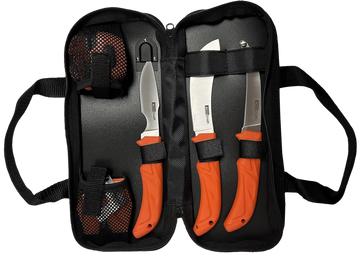 AccuSharp 738C 6-Piece Processing Kit - Fixed Blade Butcher/Caping/Gutting Stainless Steel, Blaze Orange Non-Slip Grip, Nylon Case