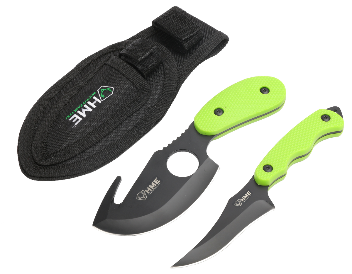 HME 2-Piece Skinning Kit 3.50" Fixed Skinner w/Gut Hook & Caping 420HC Black Oxide Green Handle