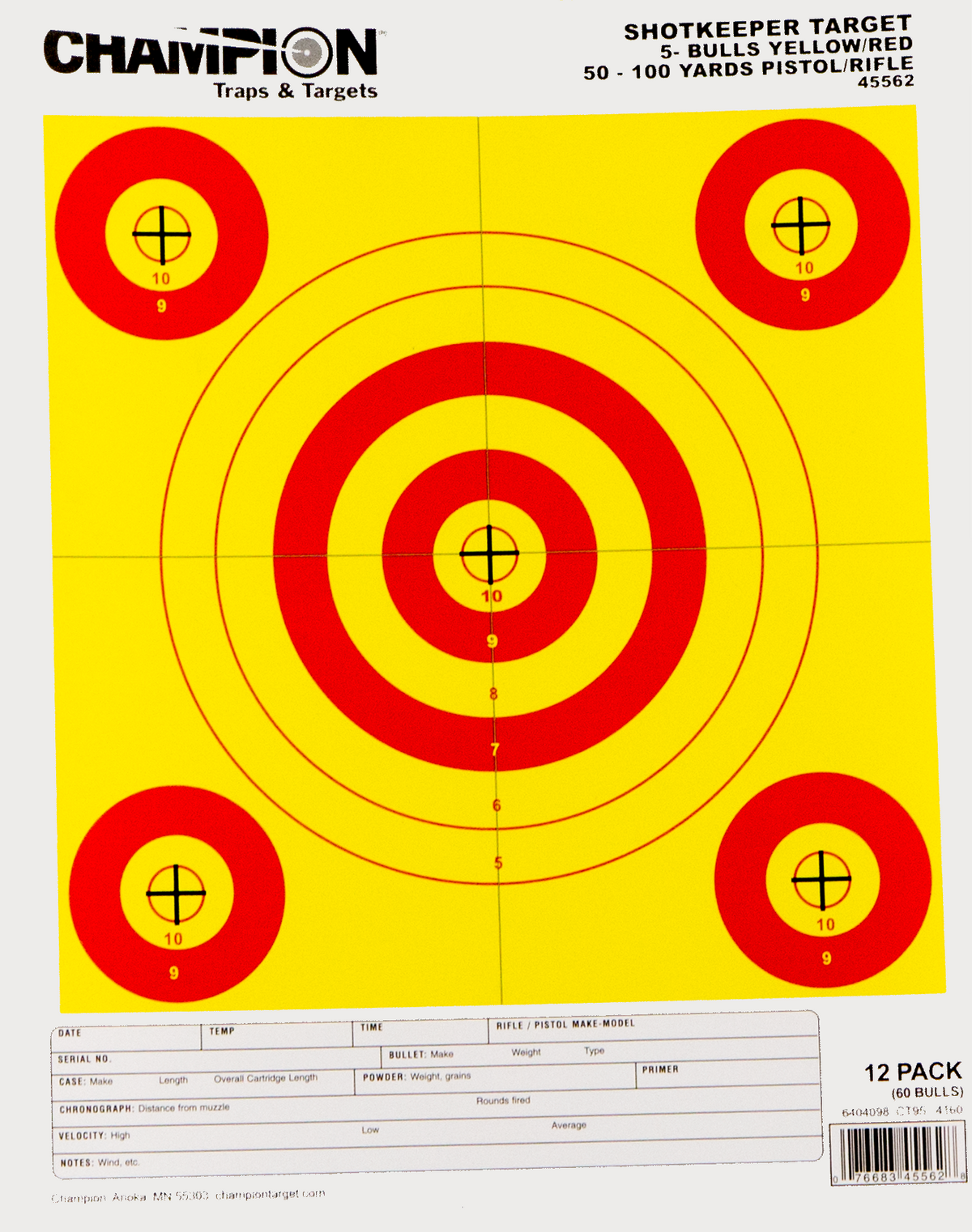 Champion Targets Shotkeeper 5-Bullseye 50-100 yds Pistol/Rifle 8.5x11 Yellow/Red Paper Target 12 Pack