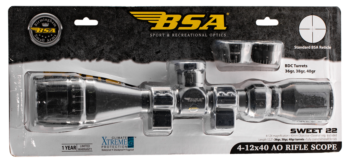 BSA Sweet 22 4-12x 40mm AO 1" Tube 30/30 Duplex Reticle Riflescope - Matte Black — view 2