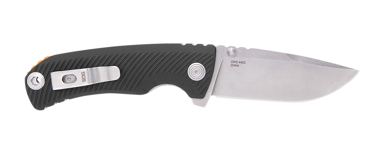 S.O.G Tellus ATK 3.50" Folding Clip Point Plain Cryo 440C SS Stonewashed Black GRN Handle — view 2