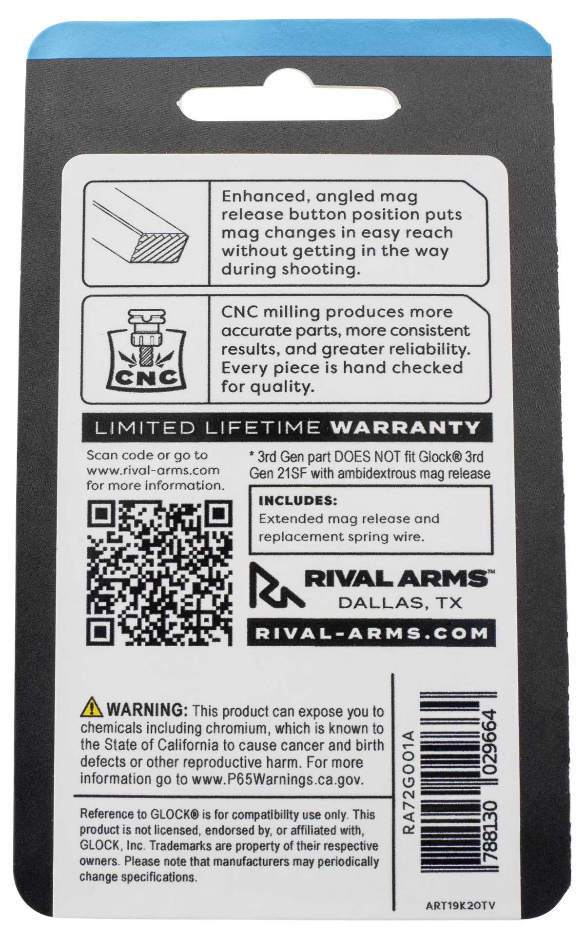 Rival Arms RA72G001A Magazine Release Fits Glock Gen3 (Except 21SF) Extended Black Anodized Aluminum — view 2
