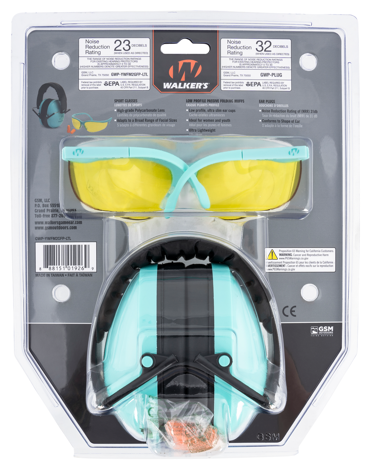 Walkers Game Ear Youth/Women Folding Muff Combo 23 dB Over the Head Black/Teal Polymer w/ Foam Earplugs & Shooting Glasses — view 2