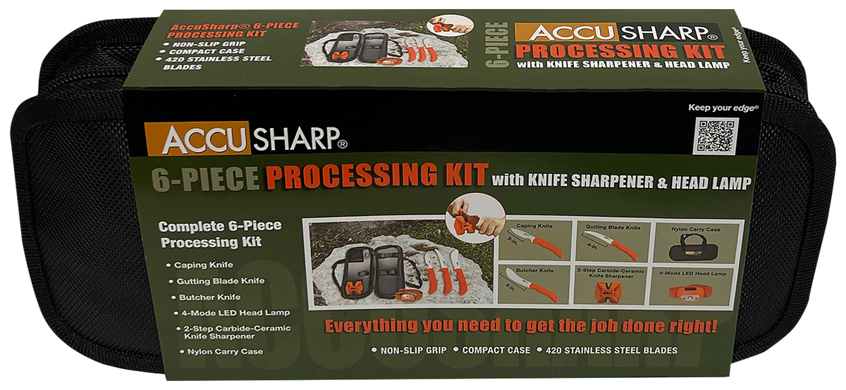 AccuSharp 738C 6-Piece Processing Kit - Fixed Blade Butcher/Caping/Gutting Stainless Steel, Blaze Orange Non-Slip Grip, Nylon Case — view 2