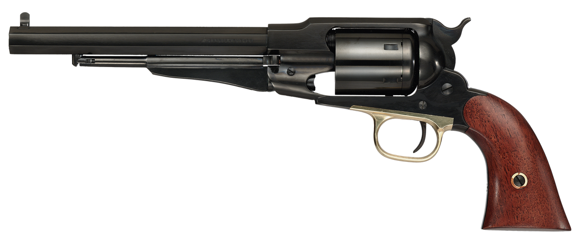 Cimarron Preacher 1858 45 Colt/44 Cal 8" 6-Shot SAO Revolver - Blued w/Gold Frame, Walnut Grip — view 2