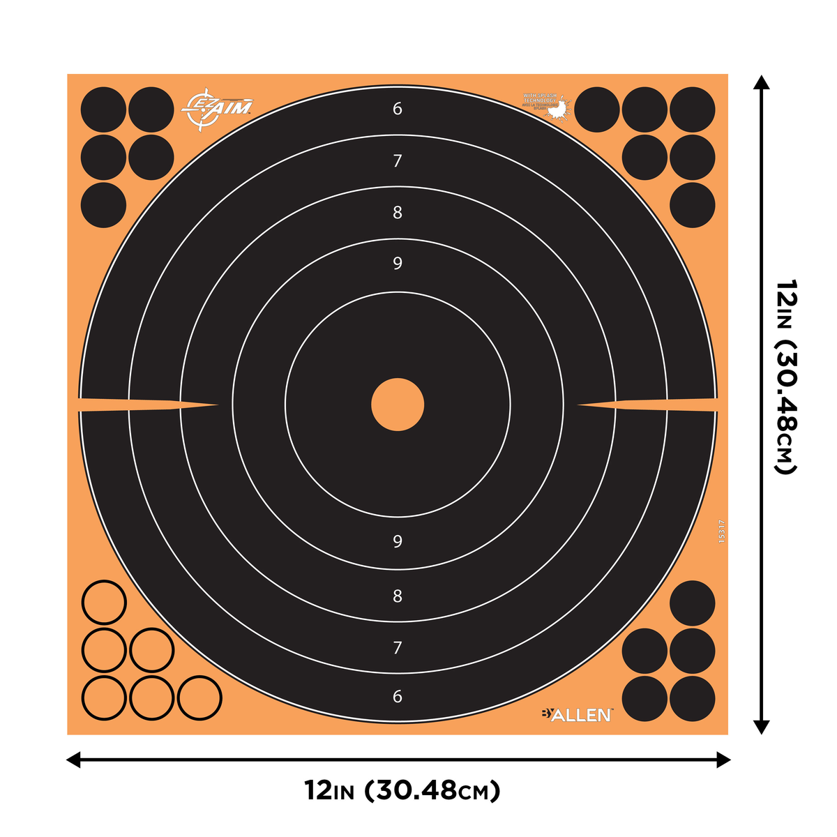 EZ-Aim Splash Reactive 12"x12" Bullseye Self-Adhesive Paper Target Black/Orange - 10 Pack — view 2