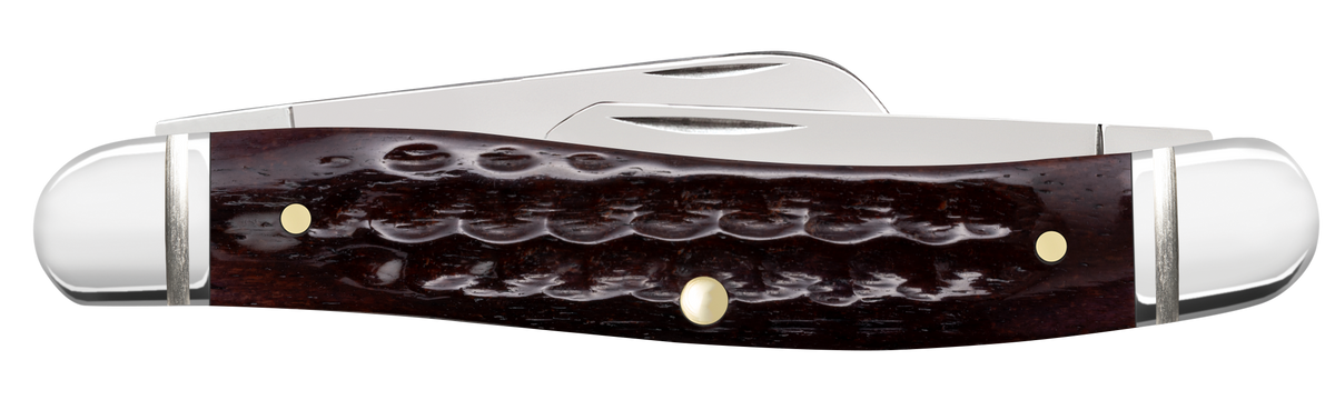Case Medium Stockman 3-Blade 3.63" Folding Knife - Clip Point/Sheepsfoot/Spey Plain Tru-Sharp SS - Mahogany Corn Cob Jigged Bone — view 2