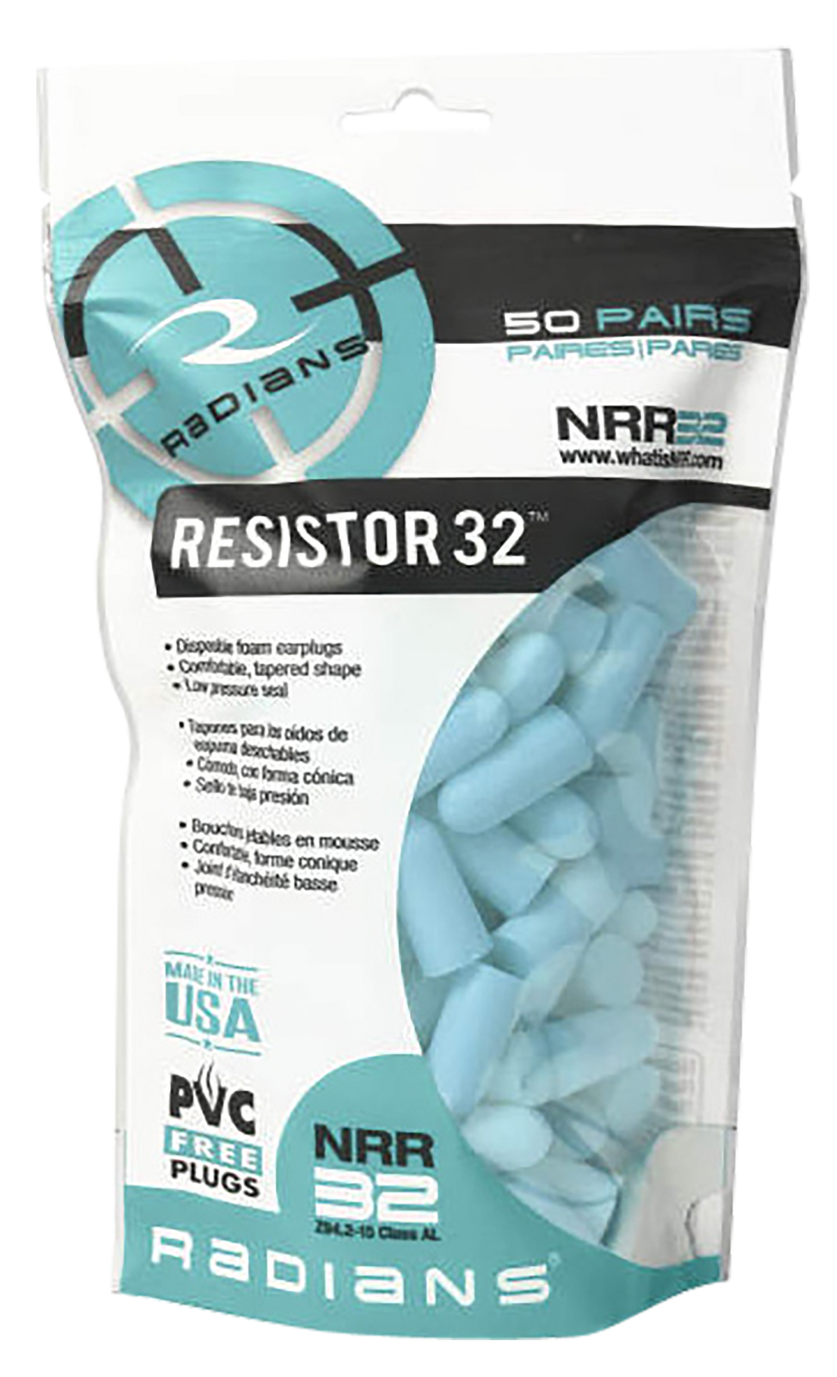 Radians Resistor FP70ABG/50 Foam Earplugs 32 dB NRR Aqua Blue Adult - 50 Pair — view 2