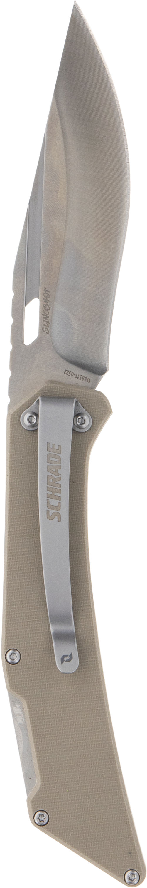 Schrade Slingshot 4" Lockback Folding Recurve Clip Point Satin AUS-10 Blade Tan G10 Handle — view 2