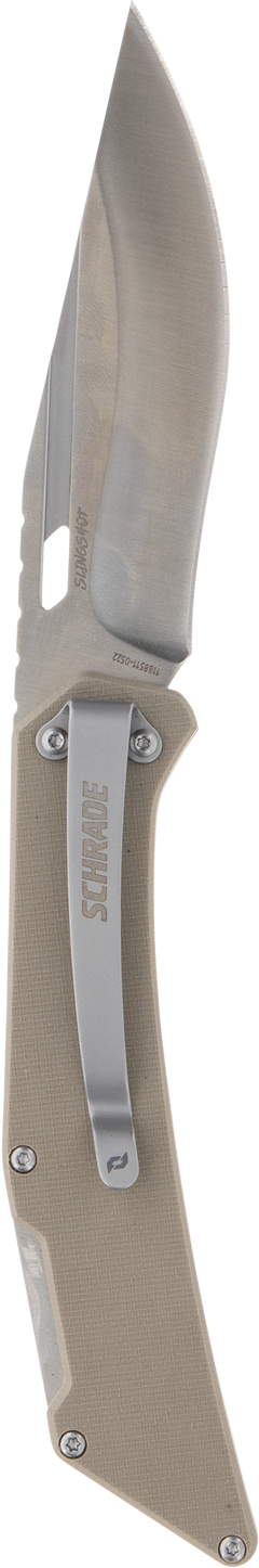 Schrade Slingshot 4" Lockback Folding Recurve Clip Point Satin AUS-10 Blade Tan G10 Handle — view 2