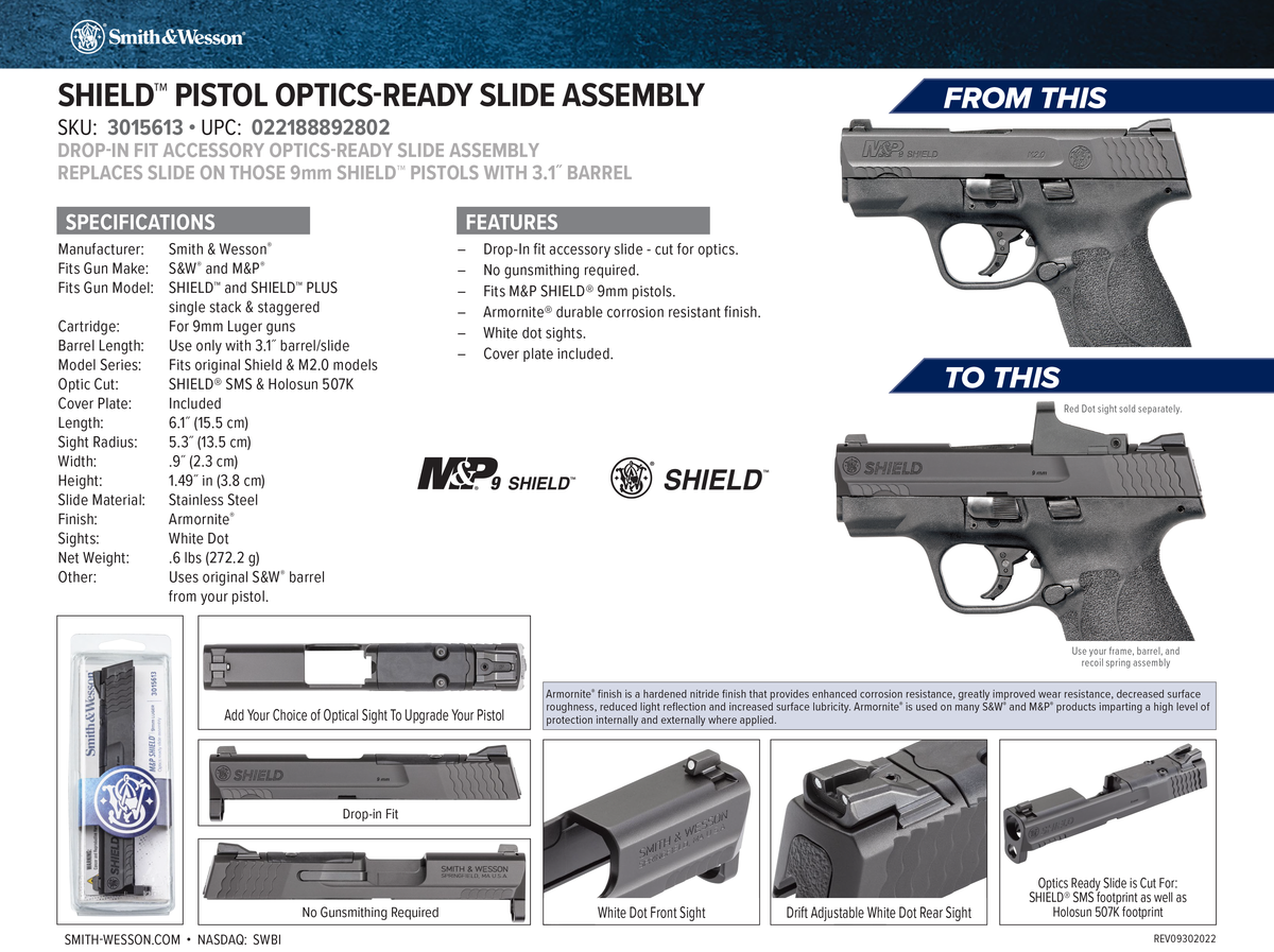 Smith & Wesson M&P Shield / Shield Plus Optic-Ready Slide Assembly 9mm Luger 3.1" Black Armornite — view 2