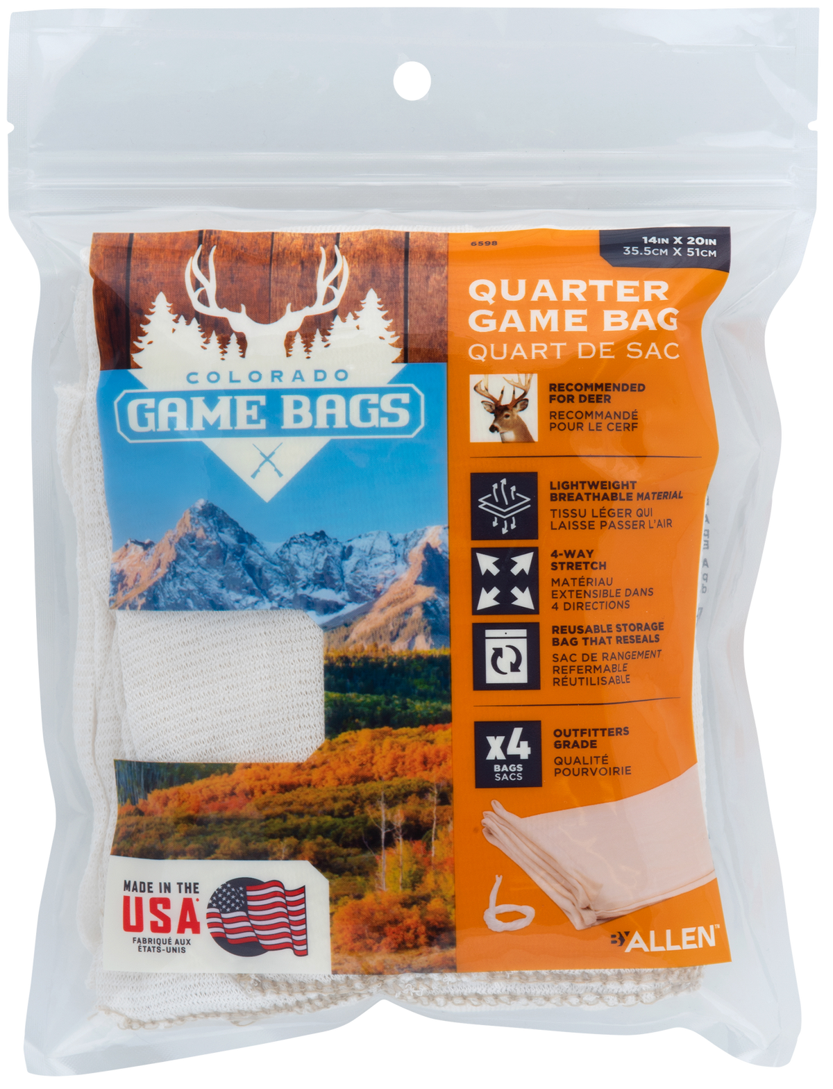 Allen 6598 Colorado Deer Quarter Game Bags Natural Poly Cotton Blend 20 in x 14 in 4-Pack — view 2