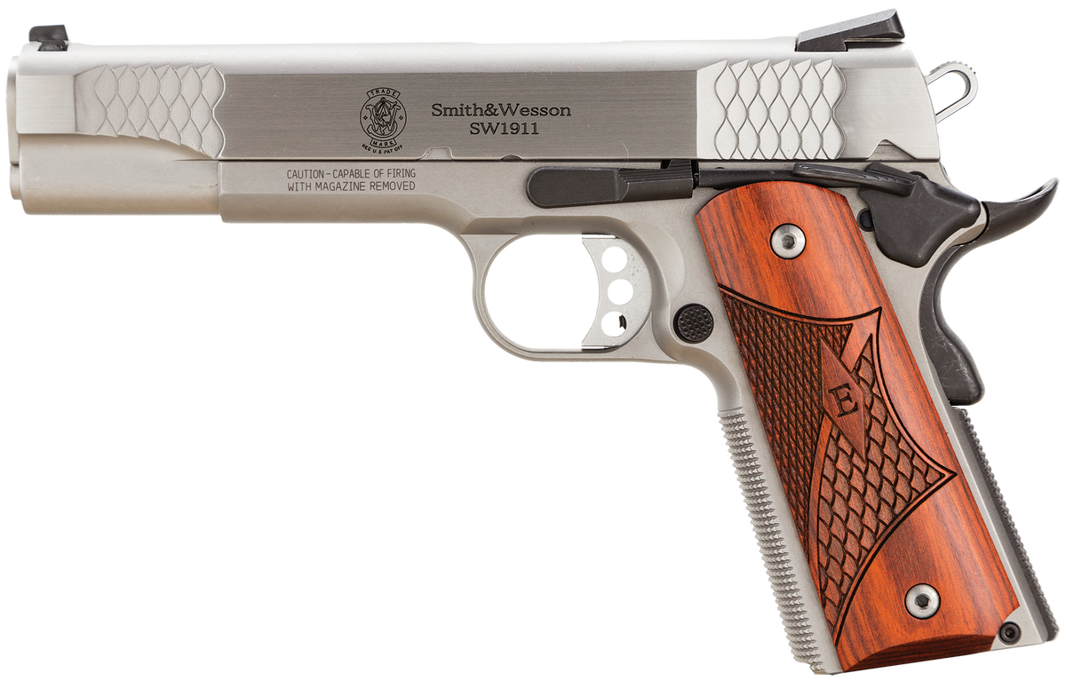 Smith & Wesson 1911 E-Series 45 ACP 5" 8+1 SAO Pistol - Satin Stainless Serrated Slide & Frame w/Laminate Wood Grips — view 2
