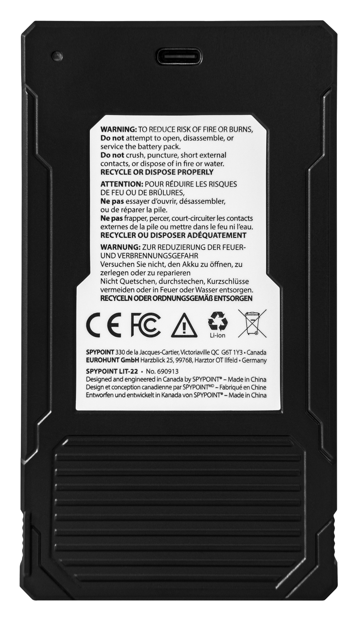 Spypoint LIT-22 Rechargeable Lithium Battery Pack 7.4V 5.4Ah Black — view 2