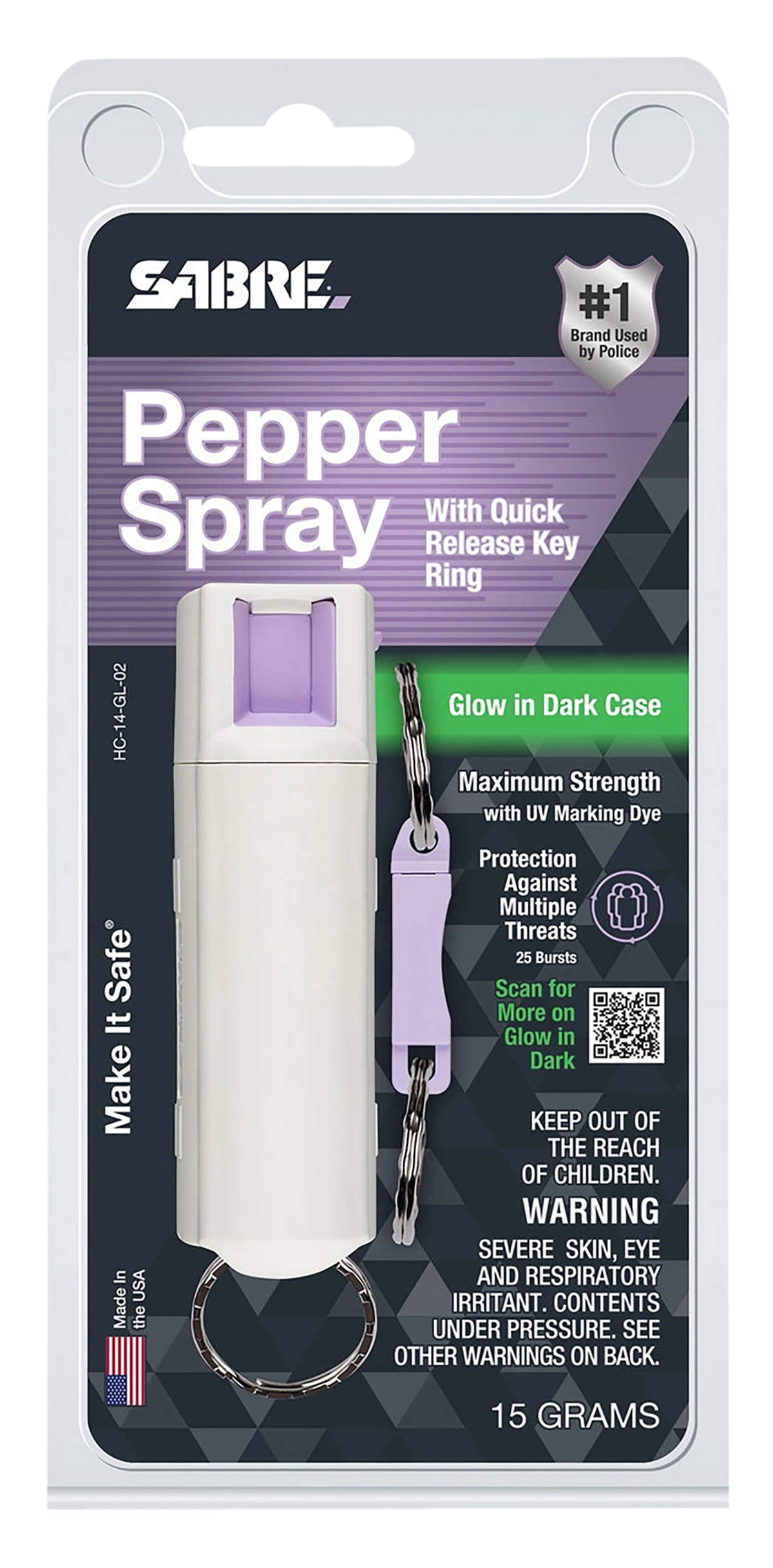 Sabre HC14GL02 Red Pepper Spray 0.54 oz 10 ft 25 Bursts White - Glow-in-Dark w/Quick Release — view 2