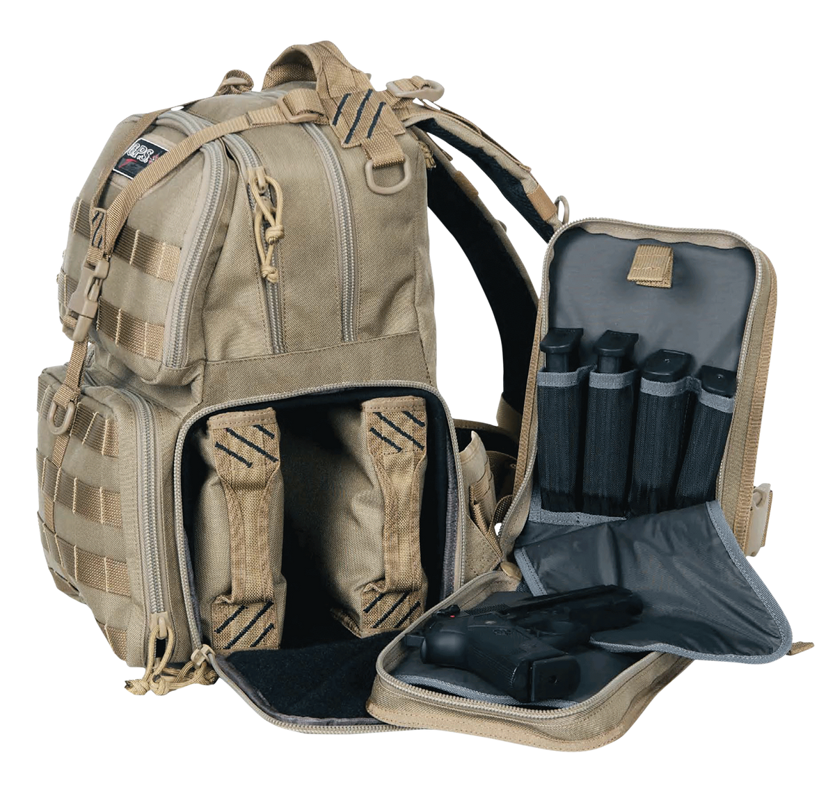 G*Outdoors Tactical Range Backpack Tan 1000D Nylon 3 Handguns — view 2