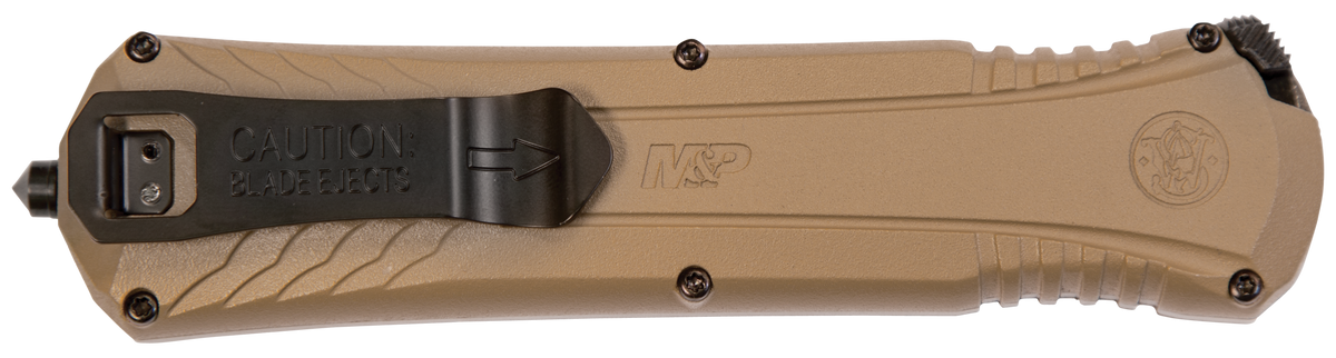 Smith & Wesson M&P OTF 3.50" Spear Point Plain AUS-8A SS Black Oxide Flat Dark Earth Aluminum Handle — view 2