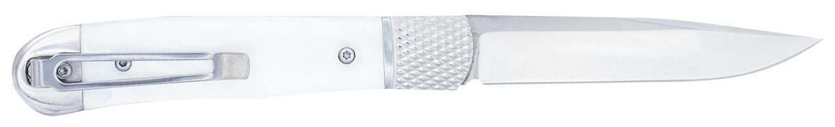 CobraTec Knives Trapper Small 3.13" Folding Plain 154CM SS White Abalone Handle — view 2
