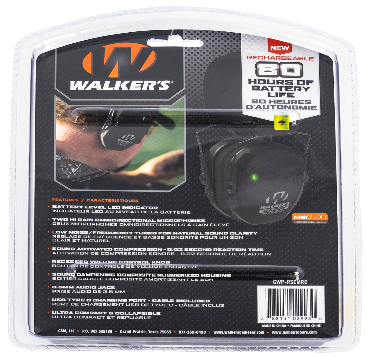 Walkers Game Ear Razor Rechargeable Electronic Muff 21 dB Over the Head Black Polymer — view 2