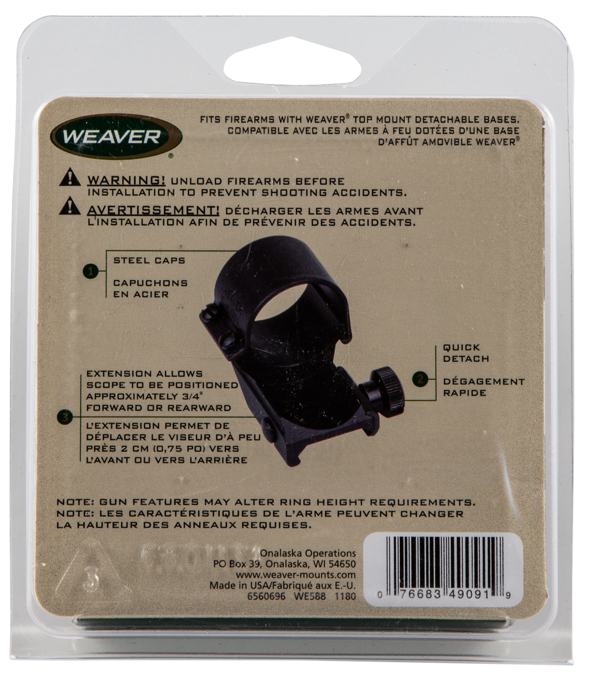 Weaver Mounts 49091 Detachable Top Mount Extension Rings 1" Medium Matte Black Aluminum — view 2