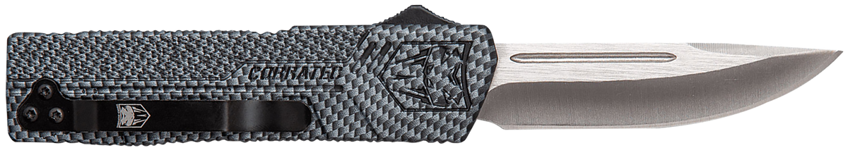 CobraTec Knives Lightweight 3.25" OTF Drop Point Plain D2 Steel Carbon Fiber Aluminum Handle — view 2