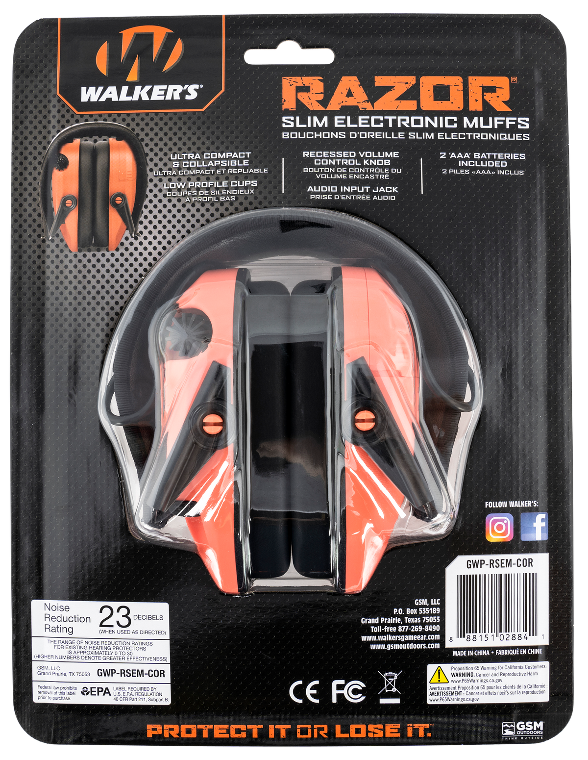 Walkers Game Ear Razor Slim Electronic Muff 23 dB Over the Head Coral/Black Polymer — view 2