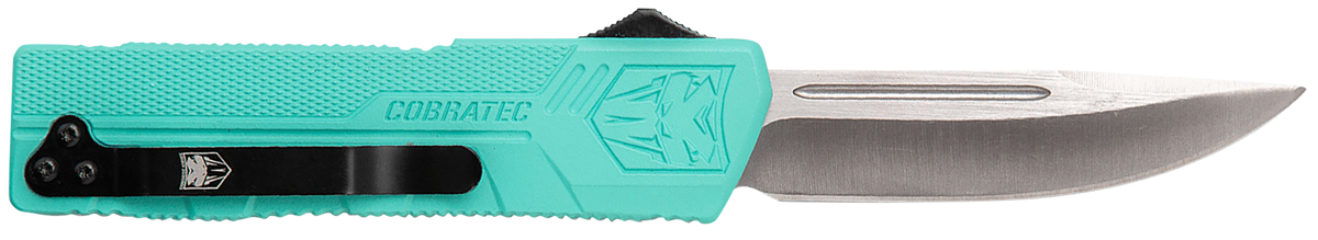 CobraTec Knives Lightweight 3.25" OTF Drop Point Plain D2 Steel Tiffany Blue Aluminum Handle — view 2