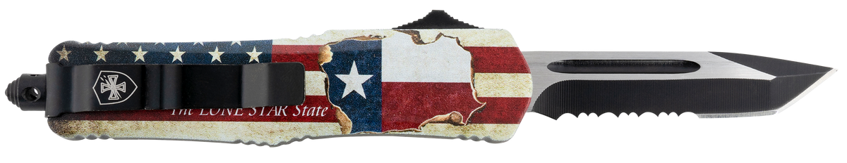 Templar Knife STX531 Texan Gen II Small 2.25" OTF Tanto Part Serrated 440C Stonewashed Texas Flag Aluminum Handle — view 2
