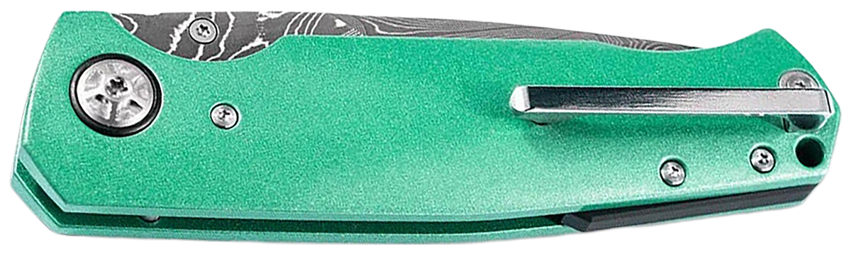Boker 1969 Mach-1 Damast 3.22" Drop Point Damascus Green Aluminum Liner Lock Folder — view 2
