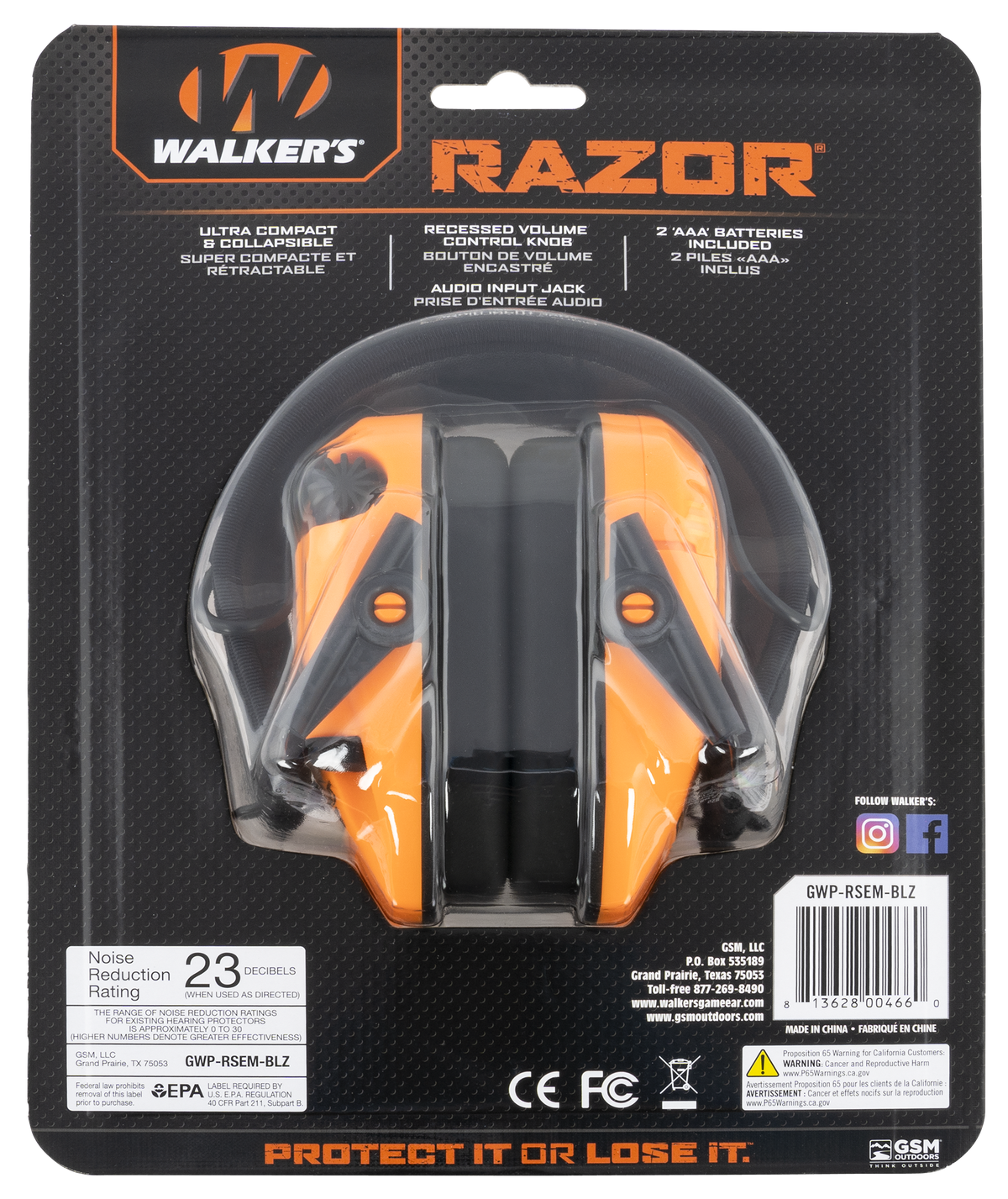 Walkers Game Ear Razor Slim Electronic Muff 23 dB Over the Head Blaze Orange/Black Polymer — view 2