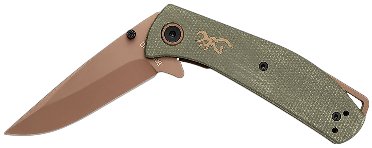 Browning Trailside EDC Small 3" Folding Modified Drop Point D2 Steel Titanium Finish Green Micarta — view 2