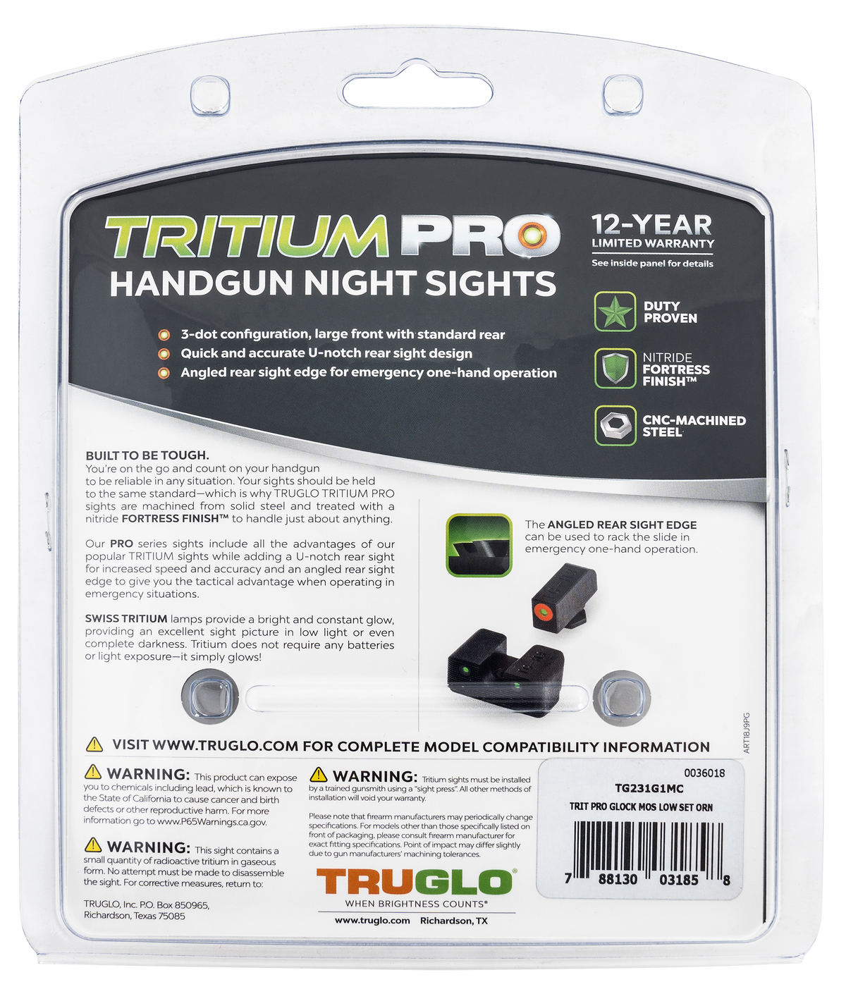 TruGlo Tritium Pro TG231G1MC Glock MOS 17/19/34/35/45 Low Night Sights - Green Tritium / Orange Outline — view 2