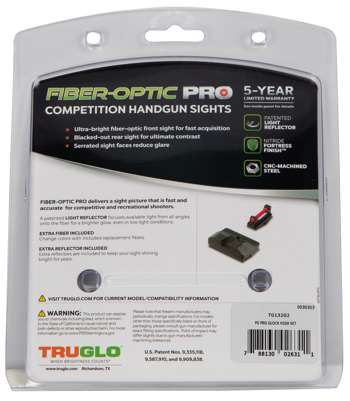 TruGlo TG132G2 Fiber-Optic Pro Red Fiber Optic Front / Black Blank Rear Sight Set - Glock 20/21 — view 2