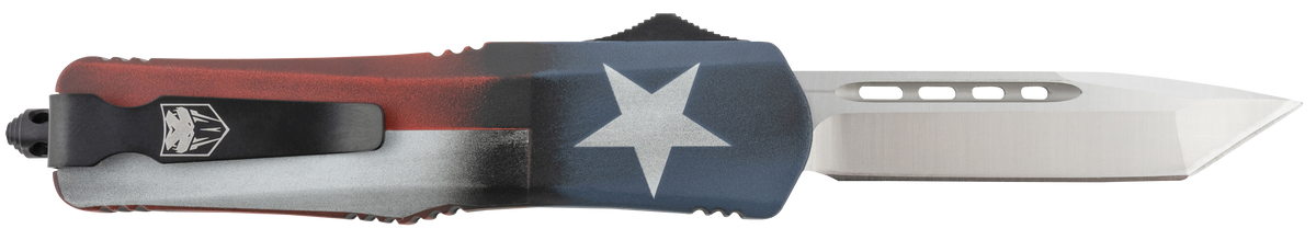 CobraTec Knives FS-3 Texas Flag Medium 3" Tanto Plain Satin D2 Steel 5" Aluminum Cerakoted Handle OTF — view 2