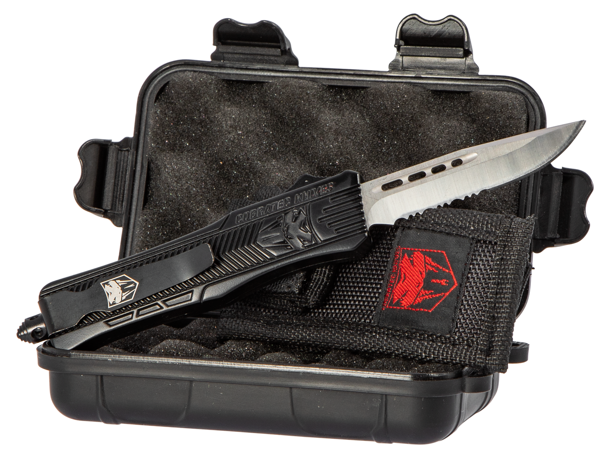 CobraTec Knives CTK-1 Small 2.75" OTF Drop Point Part Serrated D2 Steel Black Aluminum Handle — view 2