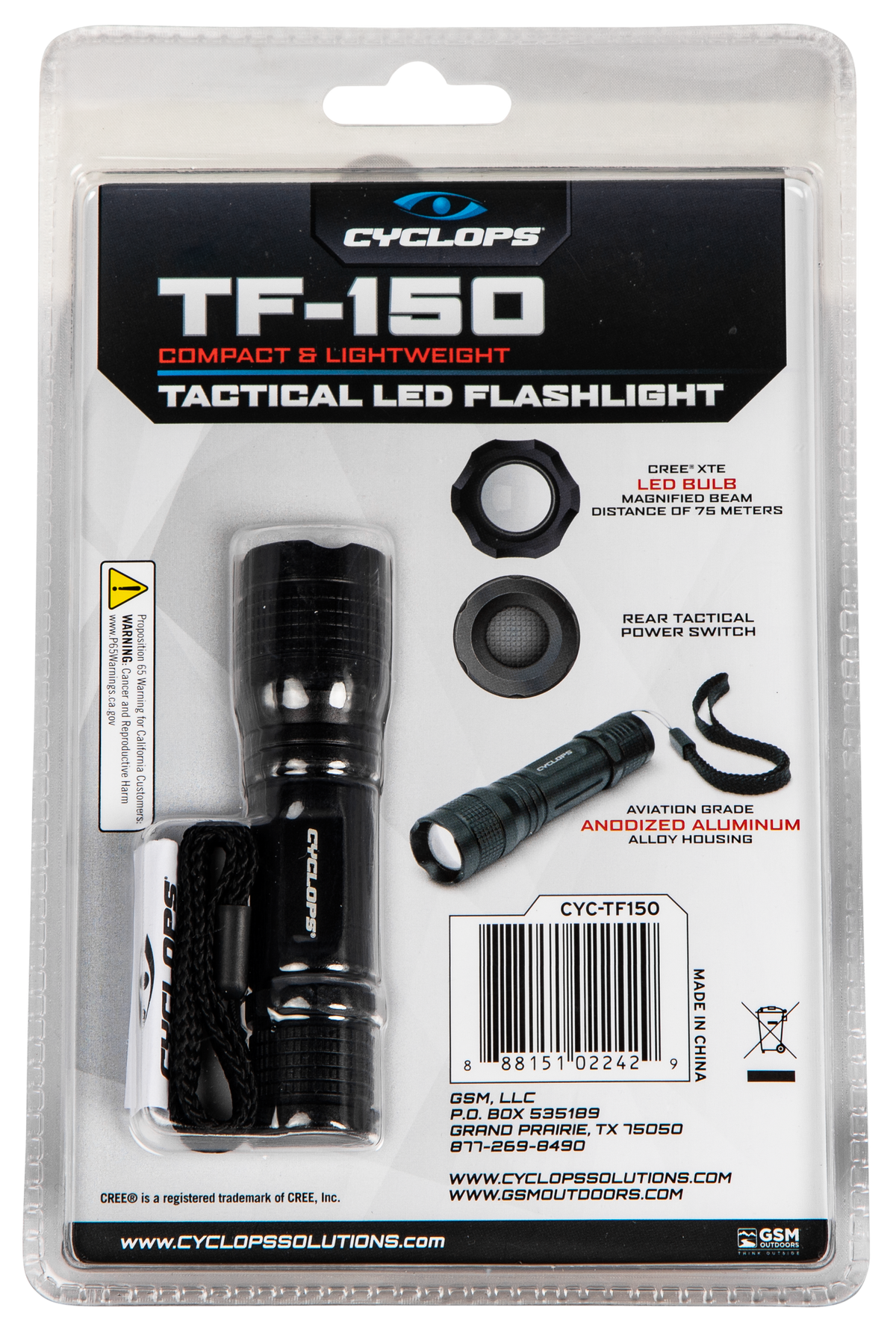 Cyclops TF-150 Tactical 150 Lumen CREE XTE LED Black Anodized Flashlight — view 2