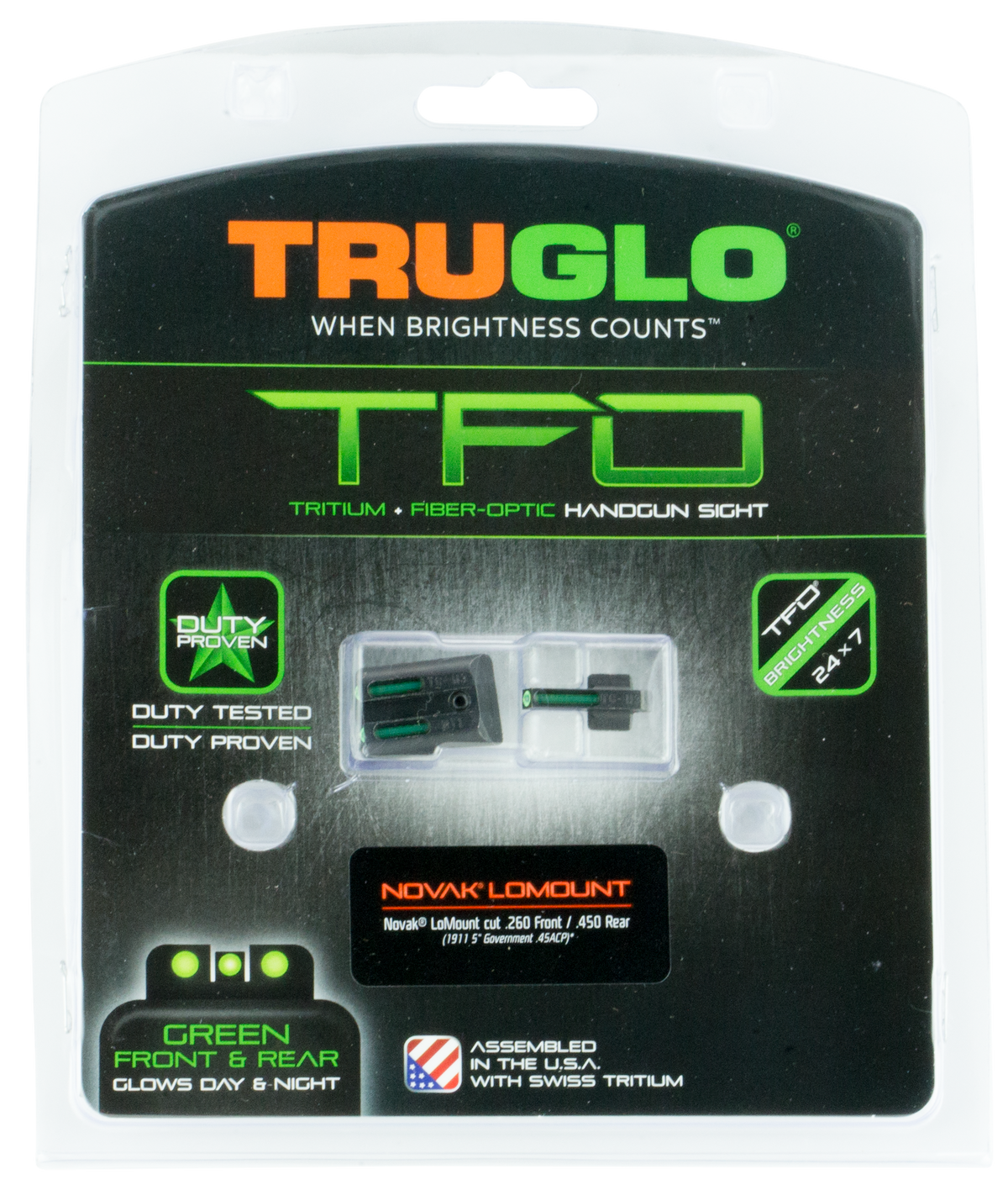 TruGlo TFO TG131NT4 Green Tritium/Fiber Optic Sight Set 1911 Officer/Commander Novak .270/.500 — view 2