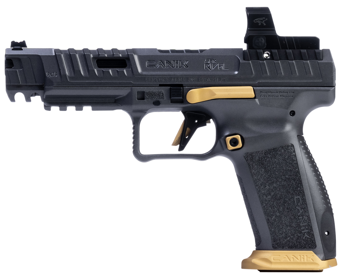Canik SFx Rival 9mm Luger 5" 18+1 Semi-Auto Pistol w/MO2 Optic - Gray/Gold — view 2