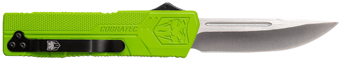 CobraTec Lightweight 3.25" OTF Drop Point Plain D2 Steel Blade Zombie Green Aluminum Handle — view 2