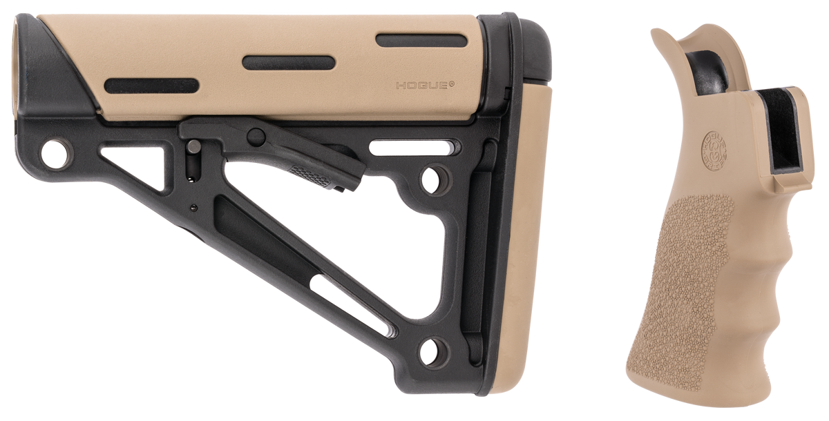 Hogue 15355 OverMolded Collapsible Buttstock Black Synthetic w/FDE Rubber Beavertail Finger Groove Grip - AR-15/M16 Commercial Tube — view 2