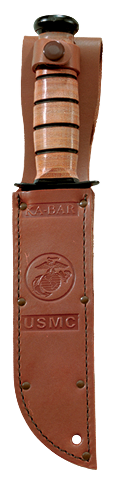 Ka-Bar 1252 USMC Short 5.25" Clip Point Part Serrated 1095 Cro-Van Fixed Blade Knife - Brown Leather Handle — view 2