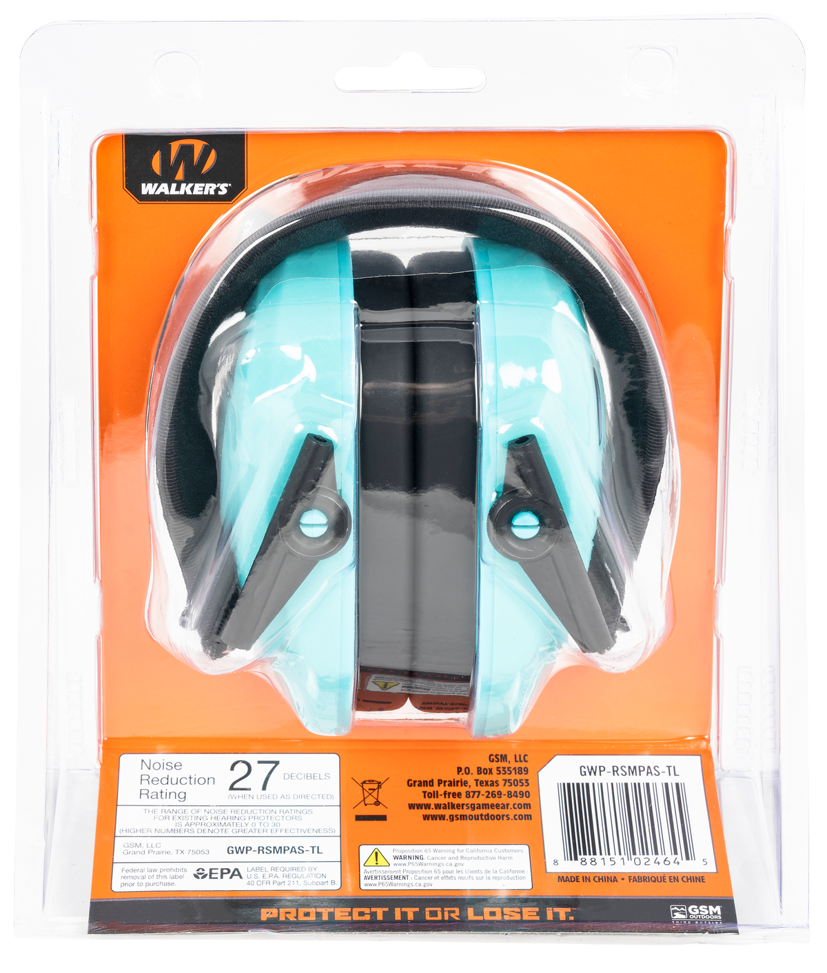 Walkers Game Ear Razor Slim Passive Muff 27 dB Over the Head Teal/Black Polymer — view 2
