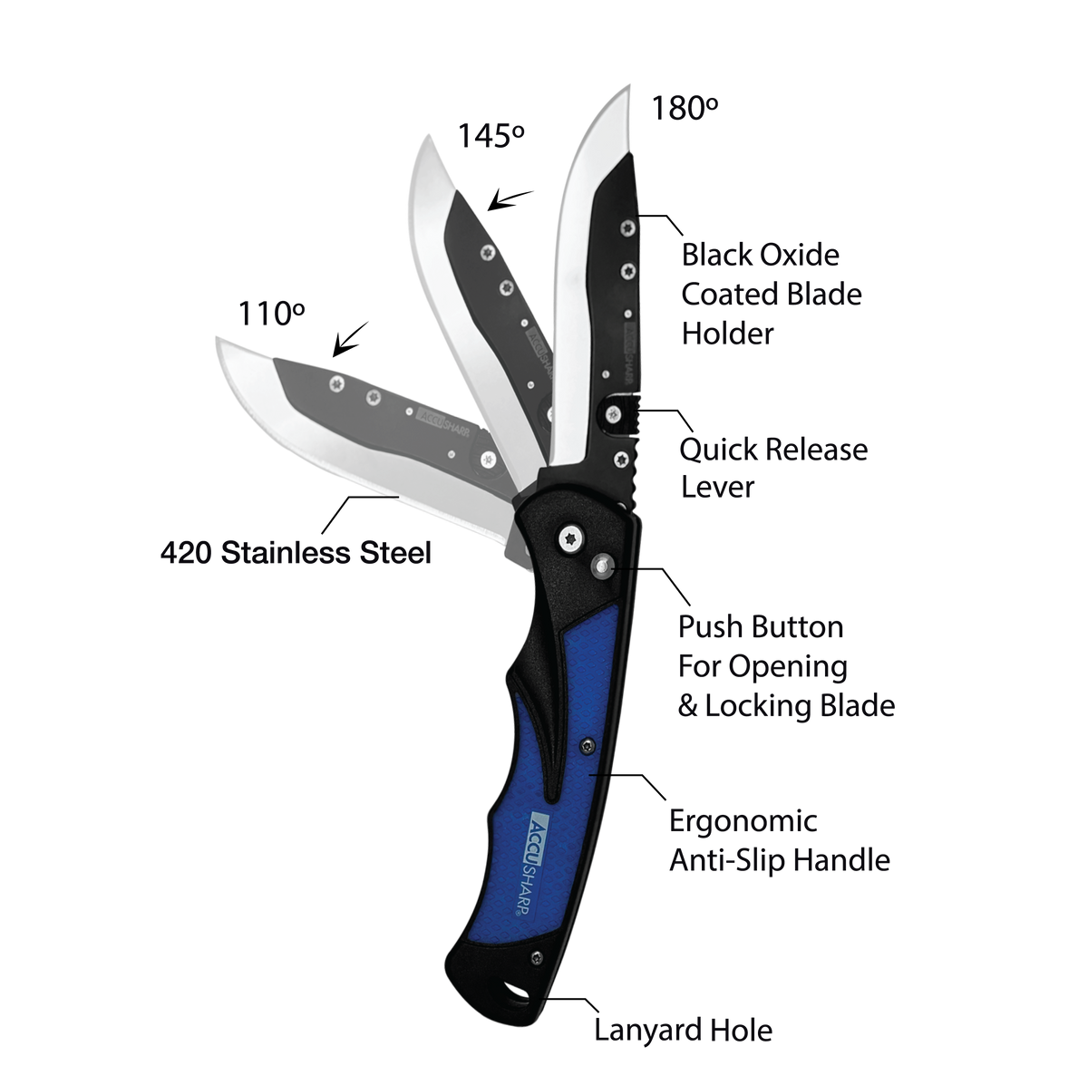 AccuSharp 743C Replaceable Blade Razor 3.50" Folding Plain Stainless Steel Blade - Royal Blue Aluminum Handle — view 2