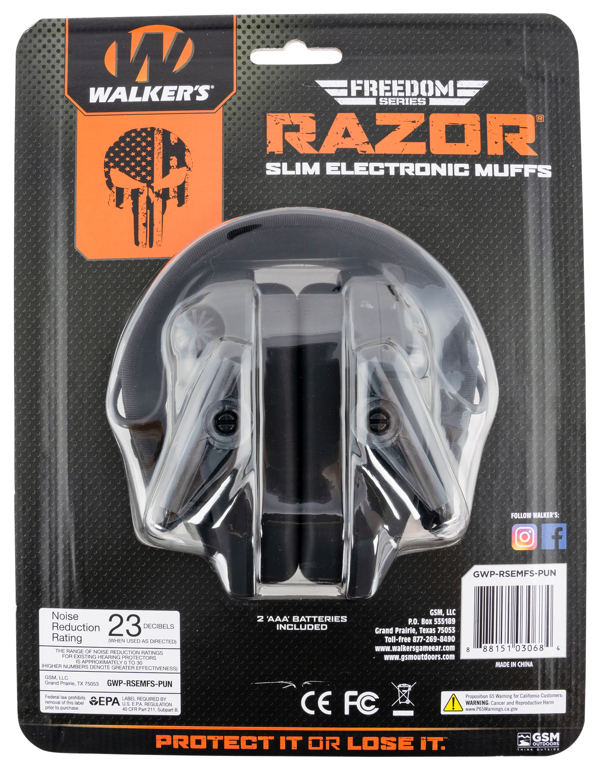 Walkers Game Ear Razor Slim Electronic Freedom Muff 23 dB Over the Head - Black w/Distressed Punisher Flag Polymer — view 2