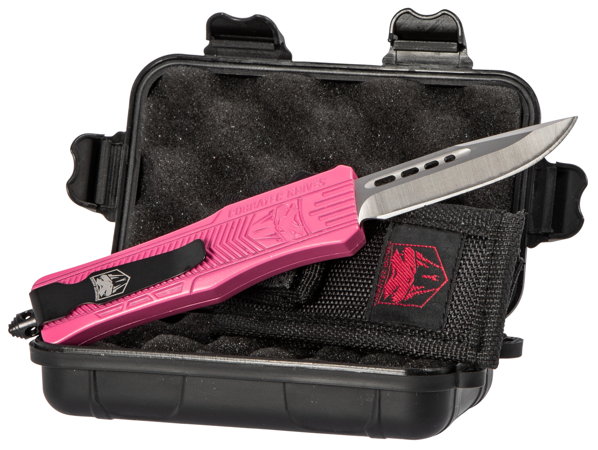 CobraTec Knives CTK-1 Small 2.75" OTF Drop Point Plain D2 Steel Pink Aluminum Handle — view 2